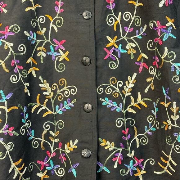 Life Style Black Floral Jacket Lightweight Silk Blend Embroidered Dressy Medium - Picture 2 of 4